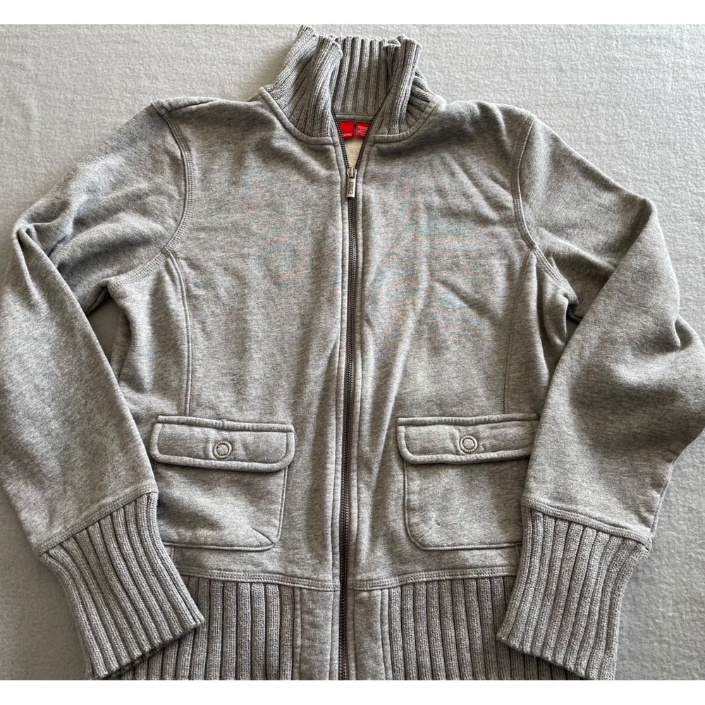 Esprit Womens XL Heather Gray Full Zip Mock Neck Sweatshirt Ribbed Trim Jacket